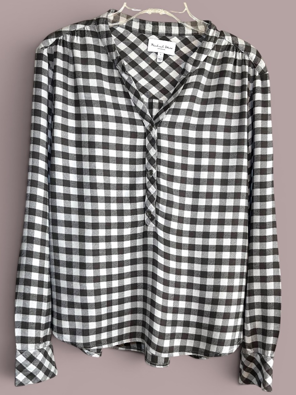 Michael Stars Chocolate Brown and White Checked Popover Blouse Size L